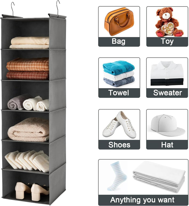 6 Tier Shelf Hanging Closet Organizer, Closet Hanging Shelf with 2 Sturdy Hooks for Storage, Foldable (Grey)