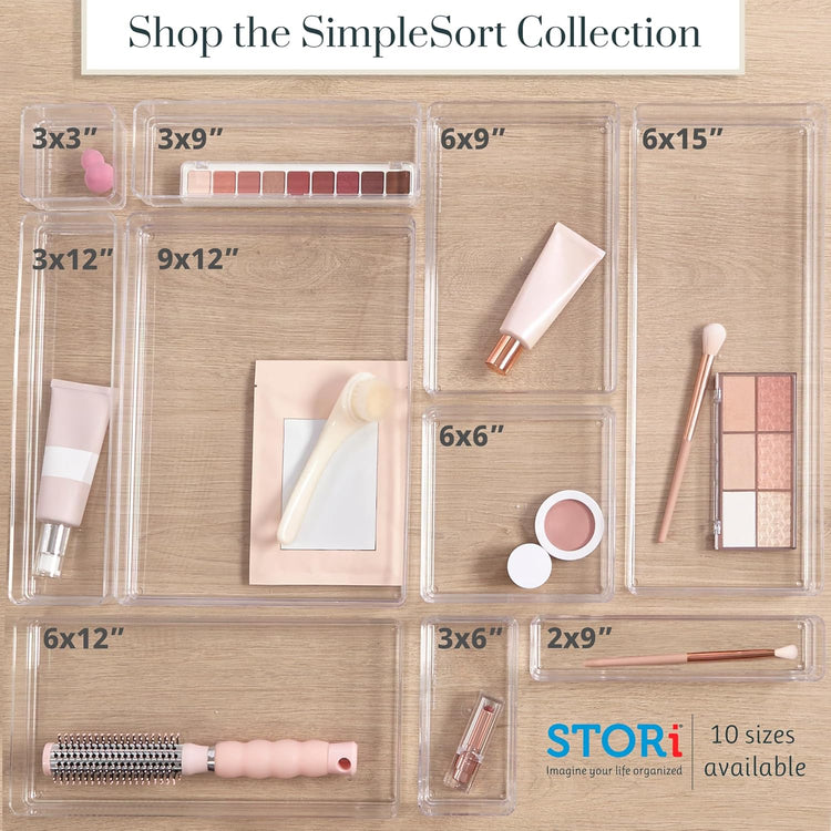 Simplesort 18-Piece Stackable Clear Drawer Organizer Set | Multi-Size Trays | Makeup Vanity Storage Bins and Office Desk Drawer Dividers | Made in USA