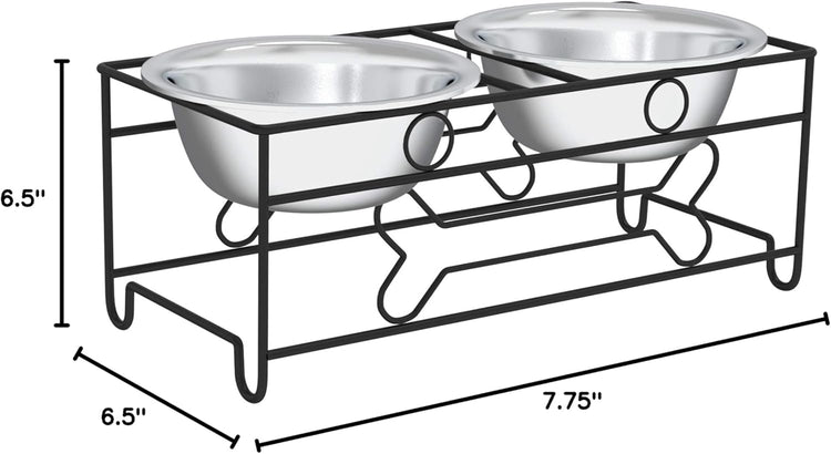 Elevated Dog and Cat Bowls - Decorative 6.5-Inch-Tall Raised Stand with 2 Stainless-Steel Food and Water Bowls - Hold 40Oz Each by (Black)