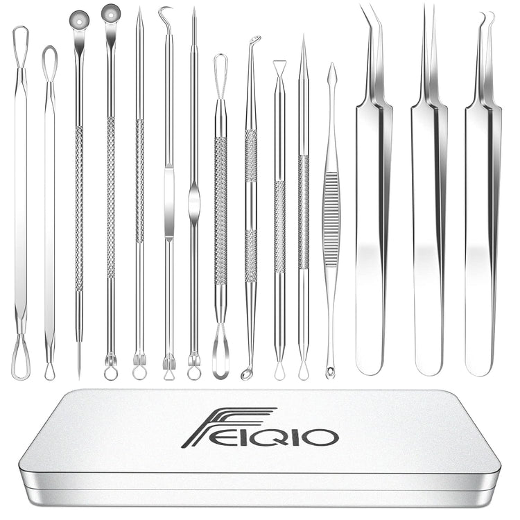 Pimple Popper Tool Kit, 15 PCS Blackhead Remover Comedone Acne Extractor Tools, Professional Sharp Stainless Skin Blemish Removal Pimple Tools with Metal Case