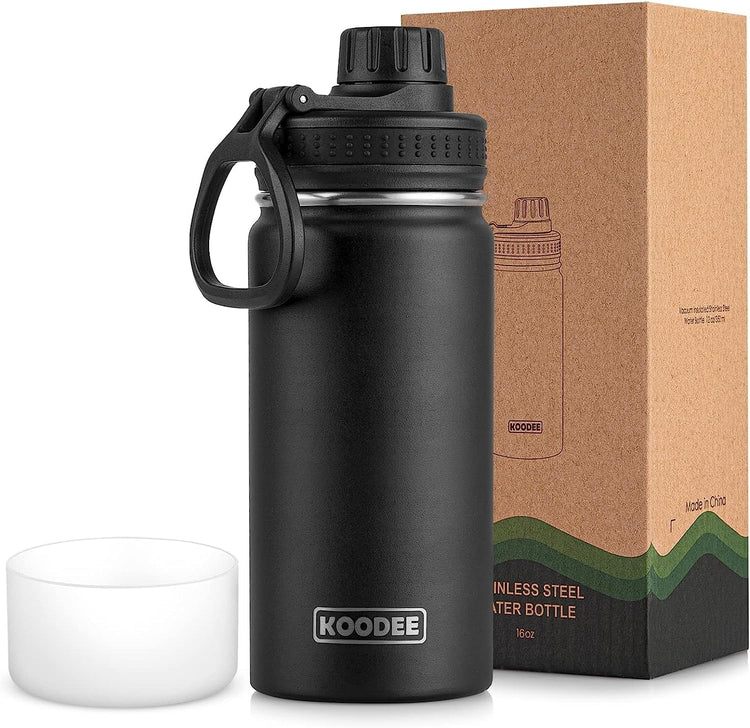 16 Oz Water Bottle Stainless Steel Double Wall Vacuum Insulated Water Bottle for School Wide Mouth Sports Bottle with Leakproof Spout Lid (Black)