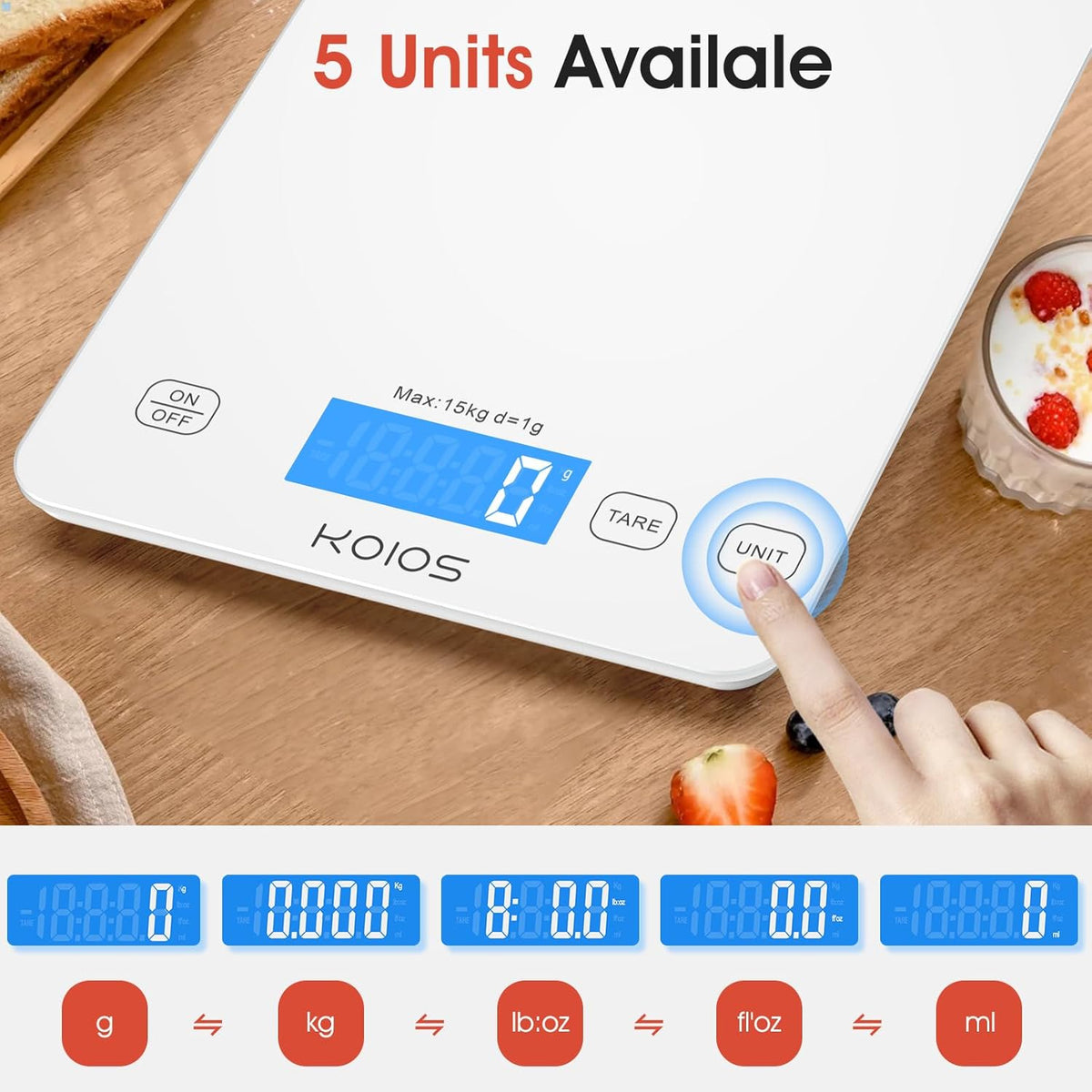 Kitchen Scale, 33Lb/15Kg Digital Food Scales Weight in Grams and Ounces for Cooking Baking, 1G/0.1Oz Precise Graduation, Batteries and Type-C Charging, Tare Function, LCD Display, White