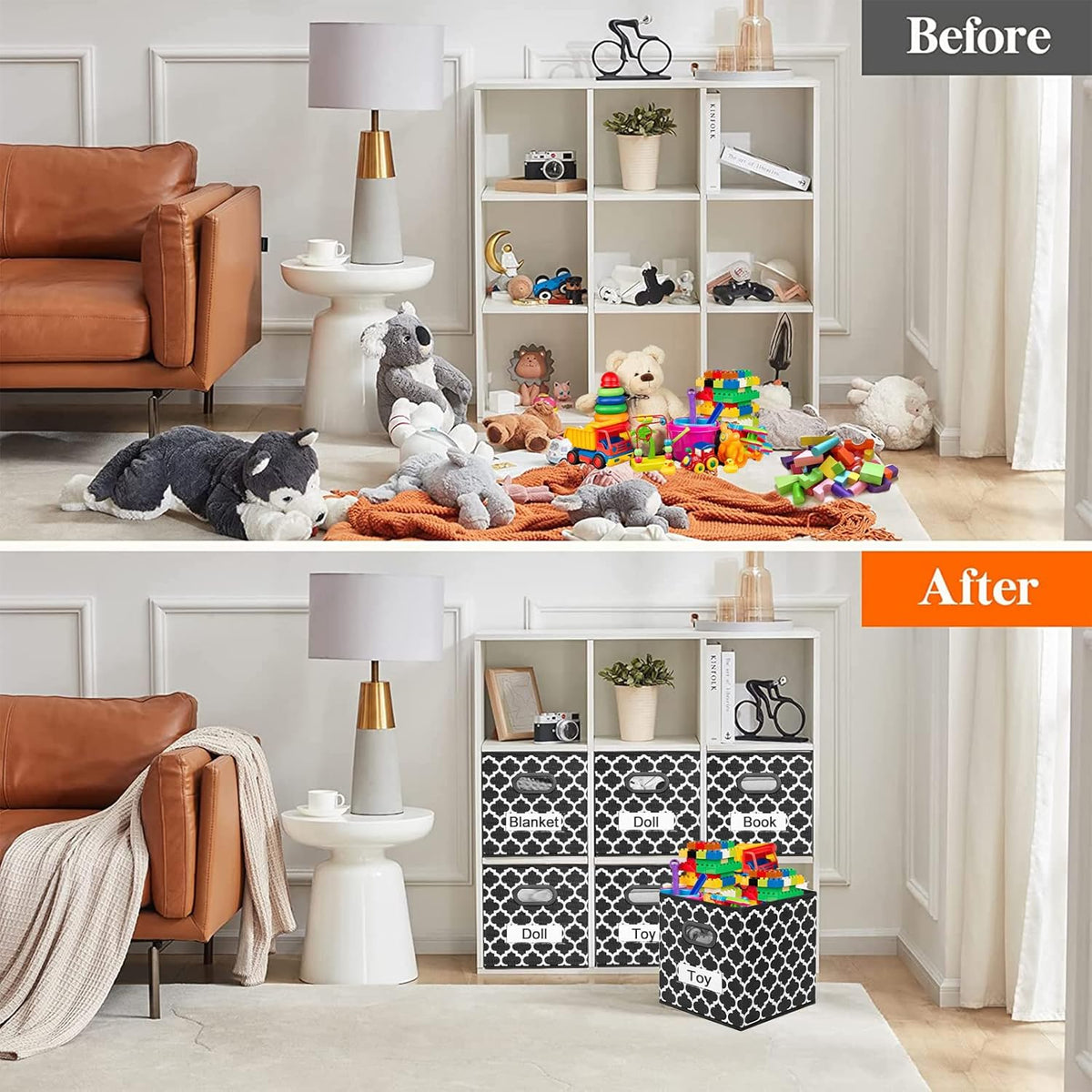 Cube Storage Organizer Bins 13X13 - Fabric Storage Cubes Bin Foldable Baskets Square Box with Labels and Dual Plastic Handles for Shelf, Nursery, Cabinet, Clothes, Toys, Set of 4 (Black)