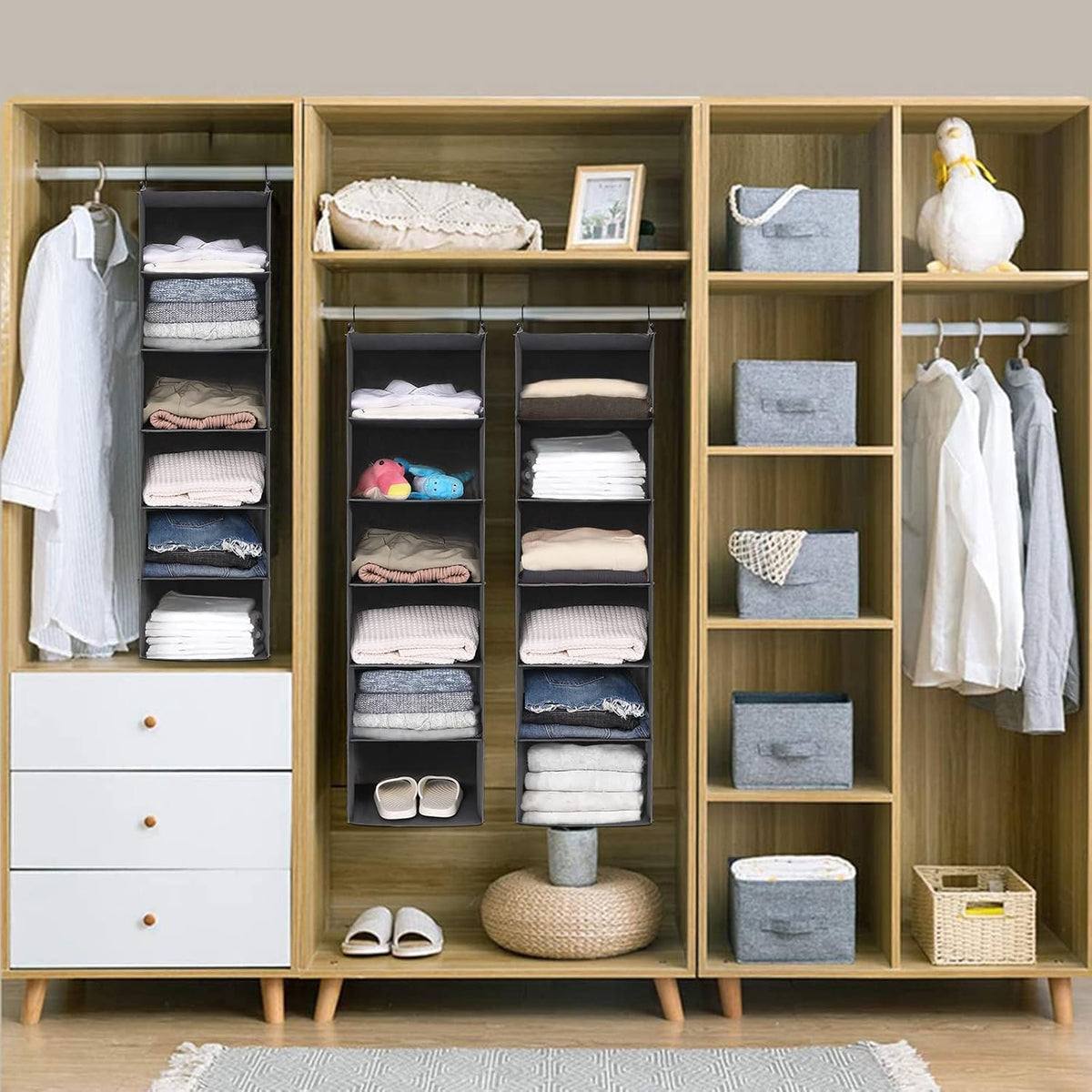 6 Tier Shelf Hanging Closet Organizer, Closet Hanging Shelf with 2 Sturdy Hooks for Storage, Foldable (Grey)