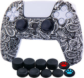 Water Transfer Printing Silicone Thickened Cover Skin Case for PS5 Controller X 1(Leaves Red) with Thumb Grips X 10