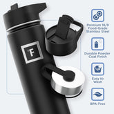 Camping & Hiking Hydration Flask with 3 Lids - Stainless Steel, Double Walled & Vacuum Insulated Water Bottle - Leak Proof & BPA Free (Midnight Black, Straw - 22 Oz)