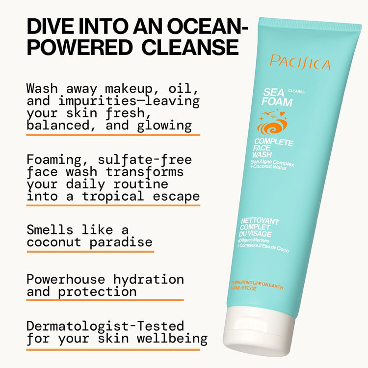 Beauty Sea Foam Face Cleanser, Daily Gentle Foaming Face Wash, with Coconut Water + Sea Algae Complex, Removes Makeup, for Combination and Oily Skin, Vegan and Cruelty Free, Clean Skin Care