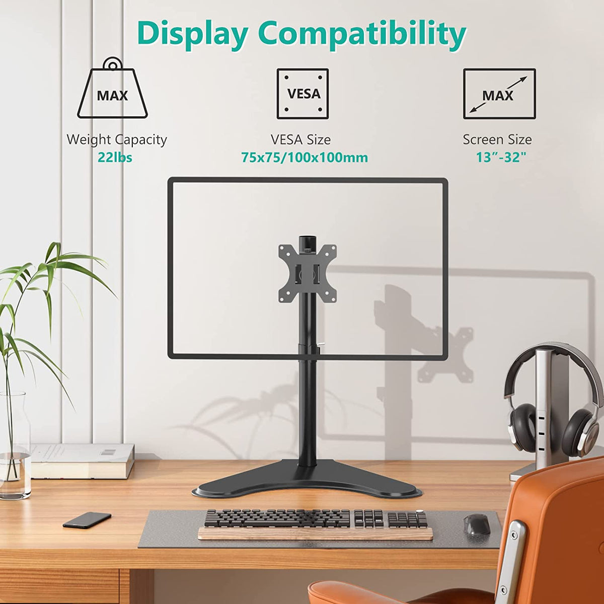 Single Monitor Stand for 13-32 Inch Computer Screens, Freestanding Single Monitors Arm Desk Mount, Universal VESA Monitor Mount 75X75/100X100Mm, Adjustable Height and Angle, (MF001), Black