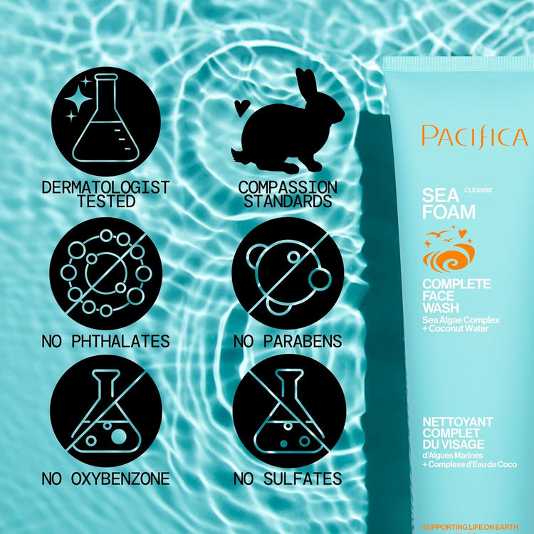 Beauty Sea Foam Face Cleanser, Daily Gentle Foaming Face Wash, with Coconut Water + Sea Algae Complex, Removes Makeup, for Combination and Oily Skin, Vegan and Cruelty Free, Clean Skin Care