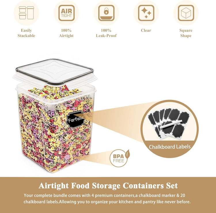 Large Food Storage Containers 5.2L /175Oz, 4 Piece BPA Free Plastic Airtight Food Storage Containers for Flour, Sugar, Baking Supplies, Kitchen & Pantry Containers with 20 Labels