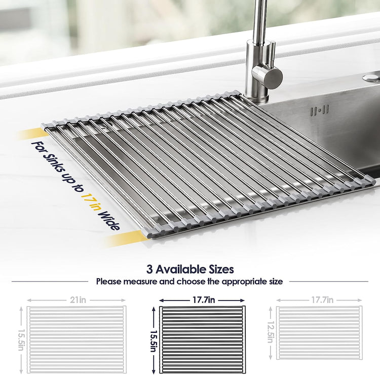 17.7" X 15.5" Roll up Dish Drying Rack over Sink Drying Rack Sink Cover Kitchen Sink Accessories Gadget Multipurpose Organizer Foldable Stainless Steel Drainer (Grey)