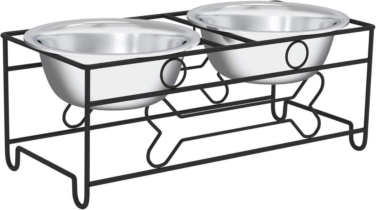Elevated Dog and Cat Bowls - Decorative 6.5-Inch-Tall Raised Stand with 2 Stainless-Steel Food and Water Bowls - Hold 40Oz Each by  (Black)