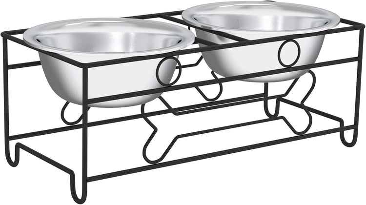 Elevated Dog and Cat Bowls - Decorative 6.5-Inch-Tall Raised Stand with 2 Stainless-Steel Food and Water Bowls - Hold 40Oz Each by  (Black)