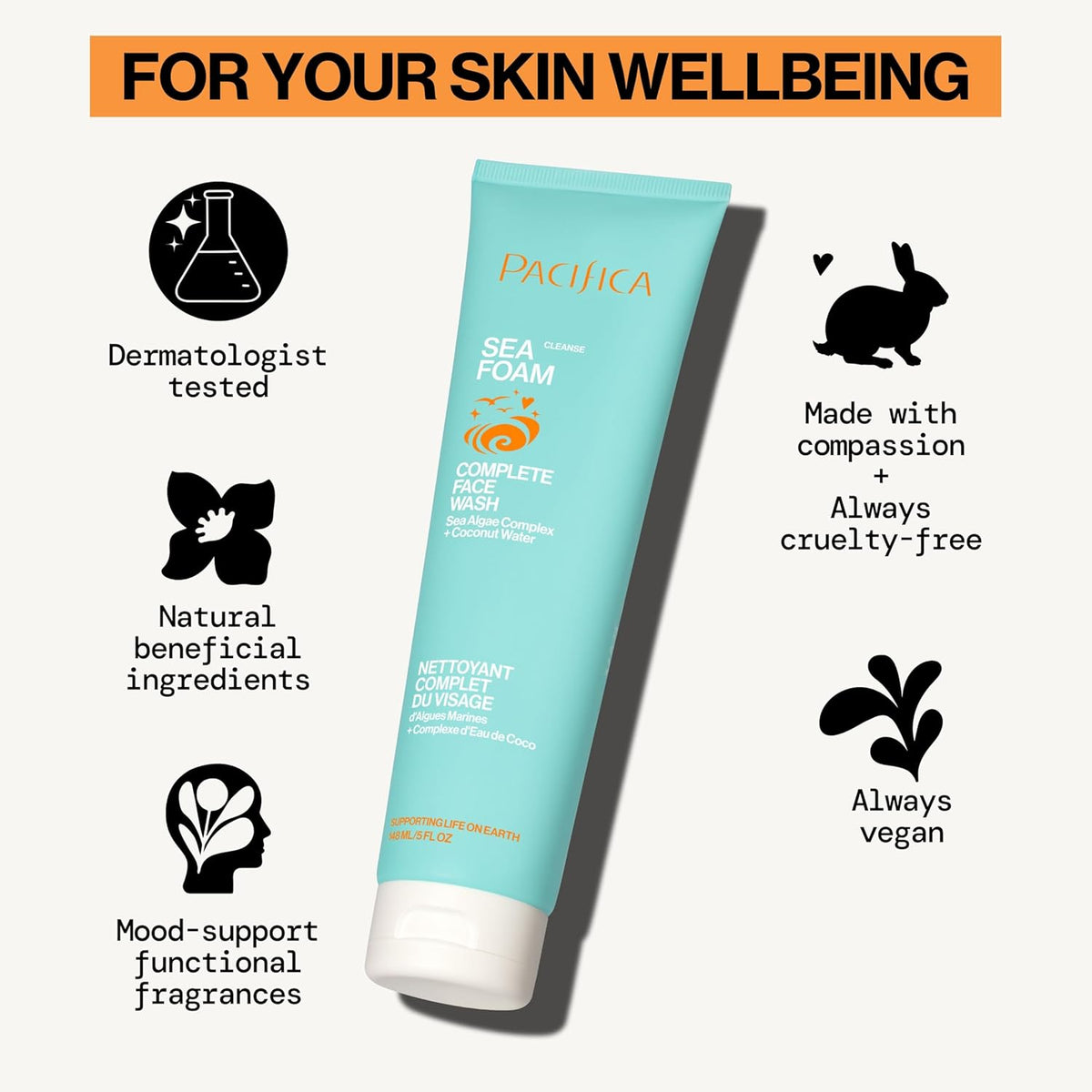 Beauty Sea Foam Face Cleanser, Daily Gentle Foaming Face Wash, with Coconut Water + Sea Algae Complex, Removes Makeup, for Combination and Oily Skin, Vegan and Cruelty Free, Clean Skin Care