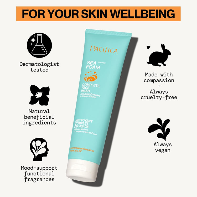 Beauty Sea Foam Face Cleanser, Daily Gentle Foaming Face Wash, with Coconut Water + Sea Algae Complex, Removes Makeup, for Combination and Oily Skin, Vegan and Cruelty Free, Clean Skin Care