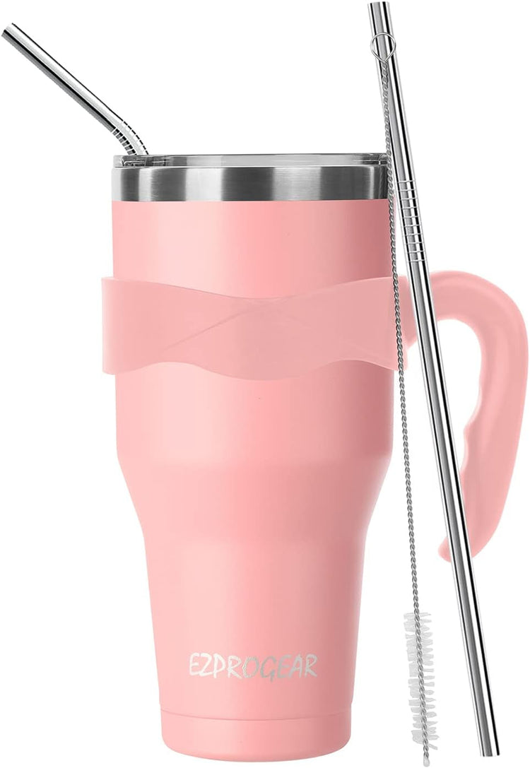 40 Oz Stainless Steel Beer Tumbler Pink Camping Mug Double Wall Vacuum Insulated with Straws and Handle (Pink)