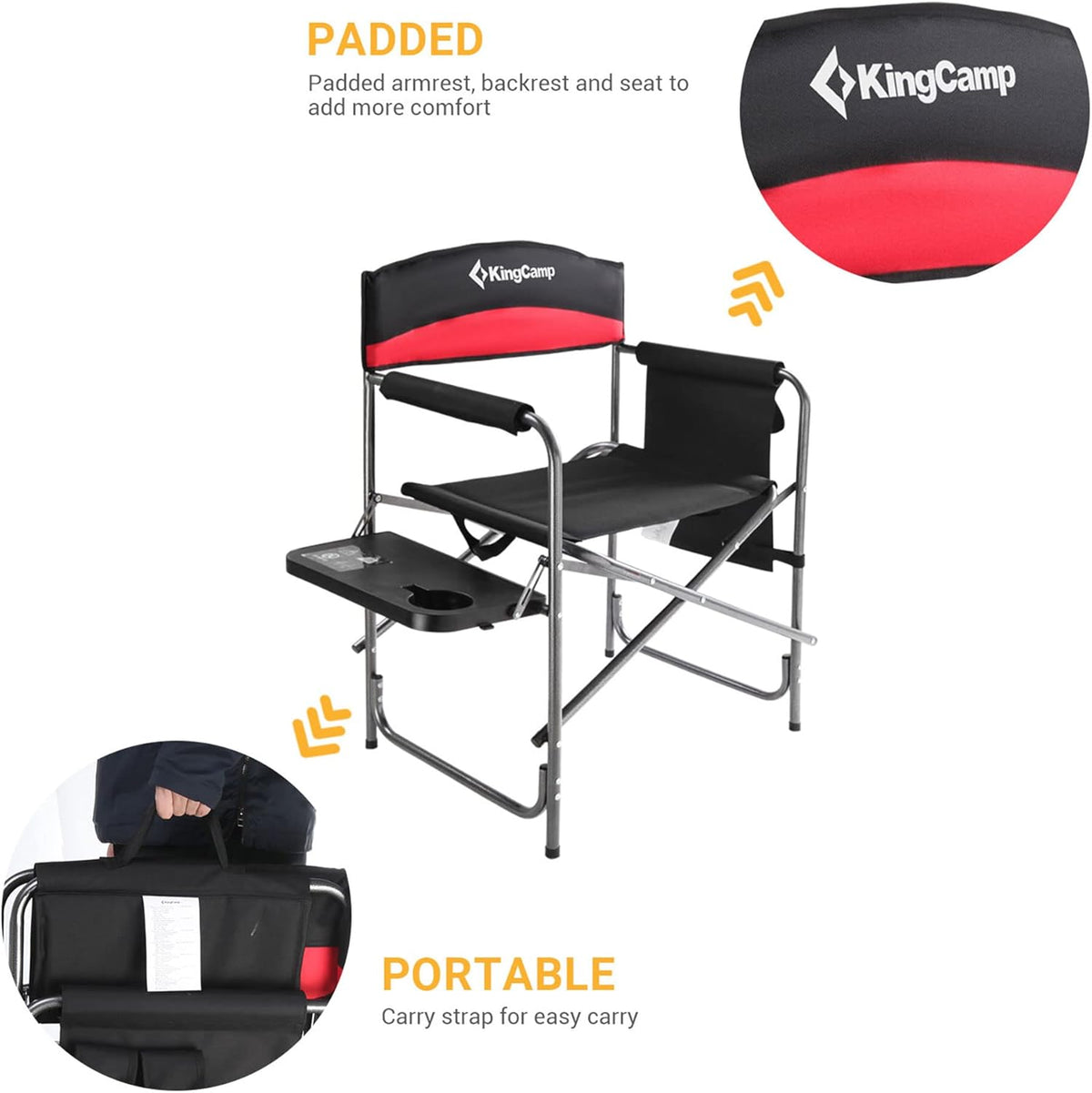 2-Pack Camping Folding Director Chairs with Side Table & Storage, Red