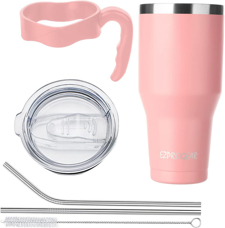 40 Oz Stainless Steel Beer Tumbler Pink Camping Mug Double Wall Vacuum Insulated with Straws and Handle (Pink)