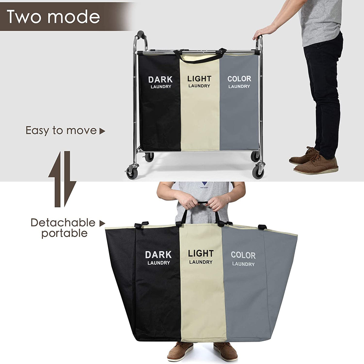 Laundry Basket with Wheels, 240L Laundry Hamper with 3 Section Laundry Bag for Dirty Clothes, Dorm Room Essentials, Towel Organization & Toys Storage Laundry Cart in Laundry Room Organization