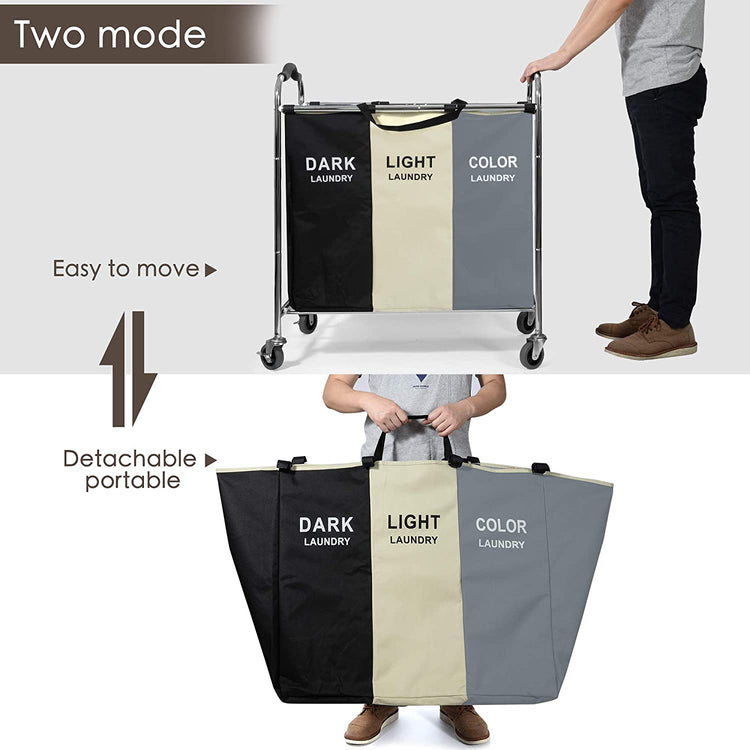 Laundry Basket with Wheels, 240L Laundry Hamper with 3 Section Laundry Bag for Dirty Clothes, Dorm Room Essentials, Towel Organization & Toys Storage Laundry Cart in Laundry Room Organization