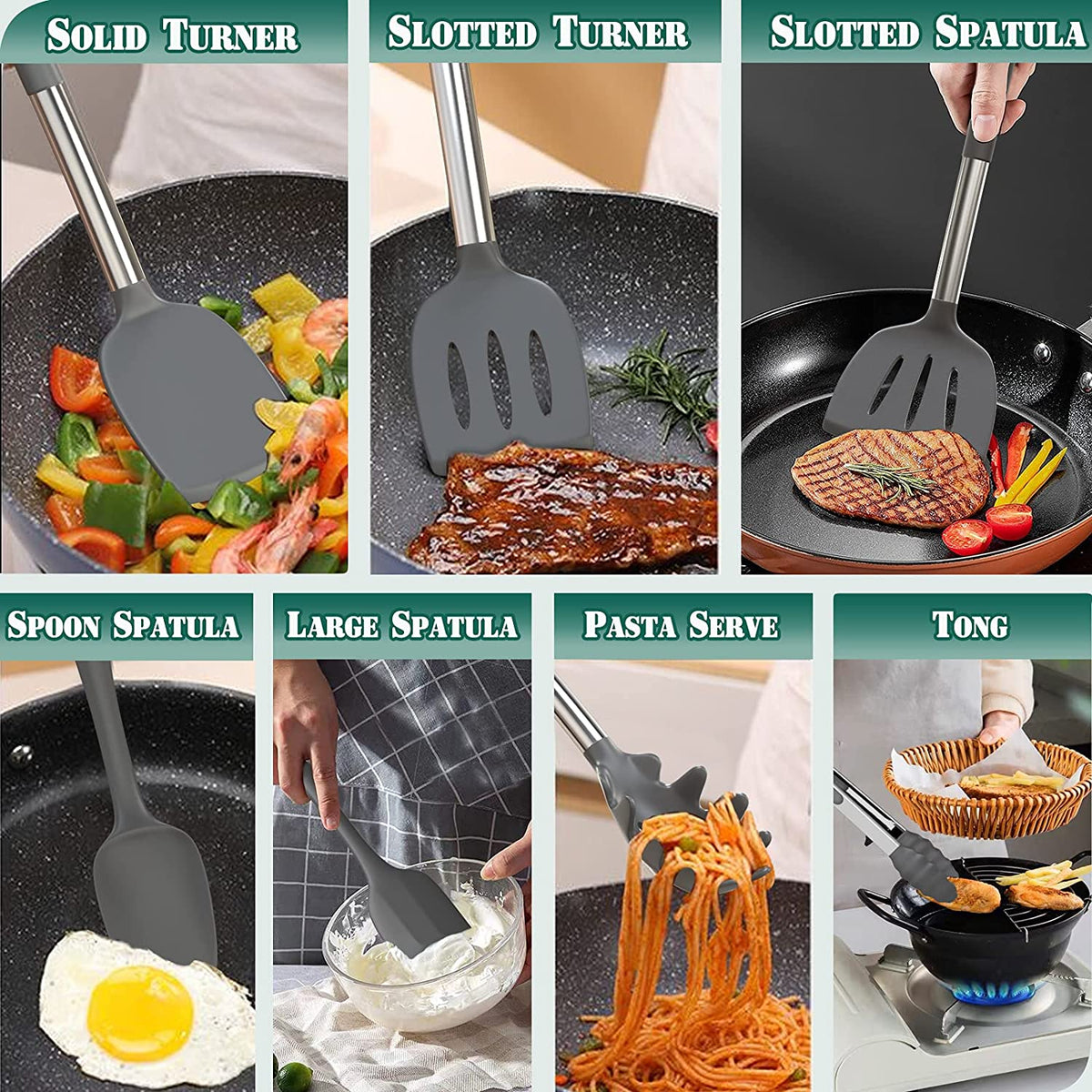 Silicone Kitchen Cooking Utensil Set, 43 Pcs Silicone Spatula with Stainless Steel Handle, Non-Stick Heat Resistant - Best Cookware (Grey)