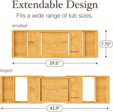 Bathtub Tray Caddy - Premium Bamboo Expandable Bath Tub Tray Table, Luxurious Wooden Bath Caddy for Books, Tablets, Wine, Bathroom Accessories, Spa Essentials, Housewarming, Wedding