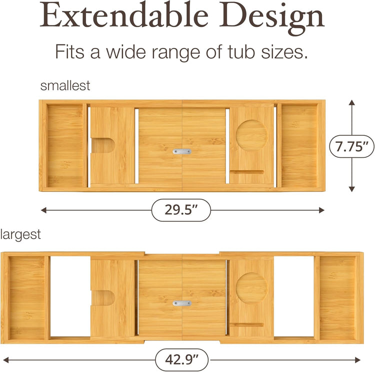 Bathtub Tray Caddy - Premium Bamboo Expandable Bath Tub Tray Table, Luxurious Wooden Bath Caddy for Books, Tablets, Wine, Bathroom Accessories, Spa Essentials, Housewarming, Wedding