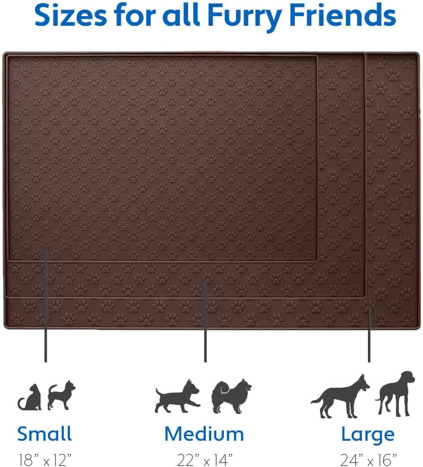 100% Waterproof Dog Food Mat, Raised Edges Silicone Pet Feeding Placemat for Cat, Dogs, Pet Bowls, High Lipped Tray Prevents Water Spills, Food on Floor, Dishwasher Safe, 24X16, Brown