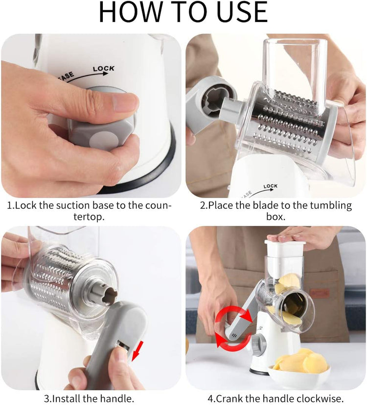 Rotary Cheese Grater Hand Crank Cheese Shredder for Fresh Cheese, Vegetable, Nuts,Non-Slip Suction Base, Free Cleaning Brush Three Blades, White