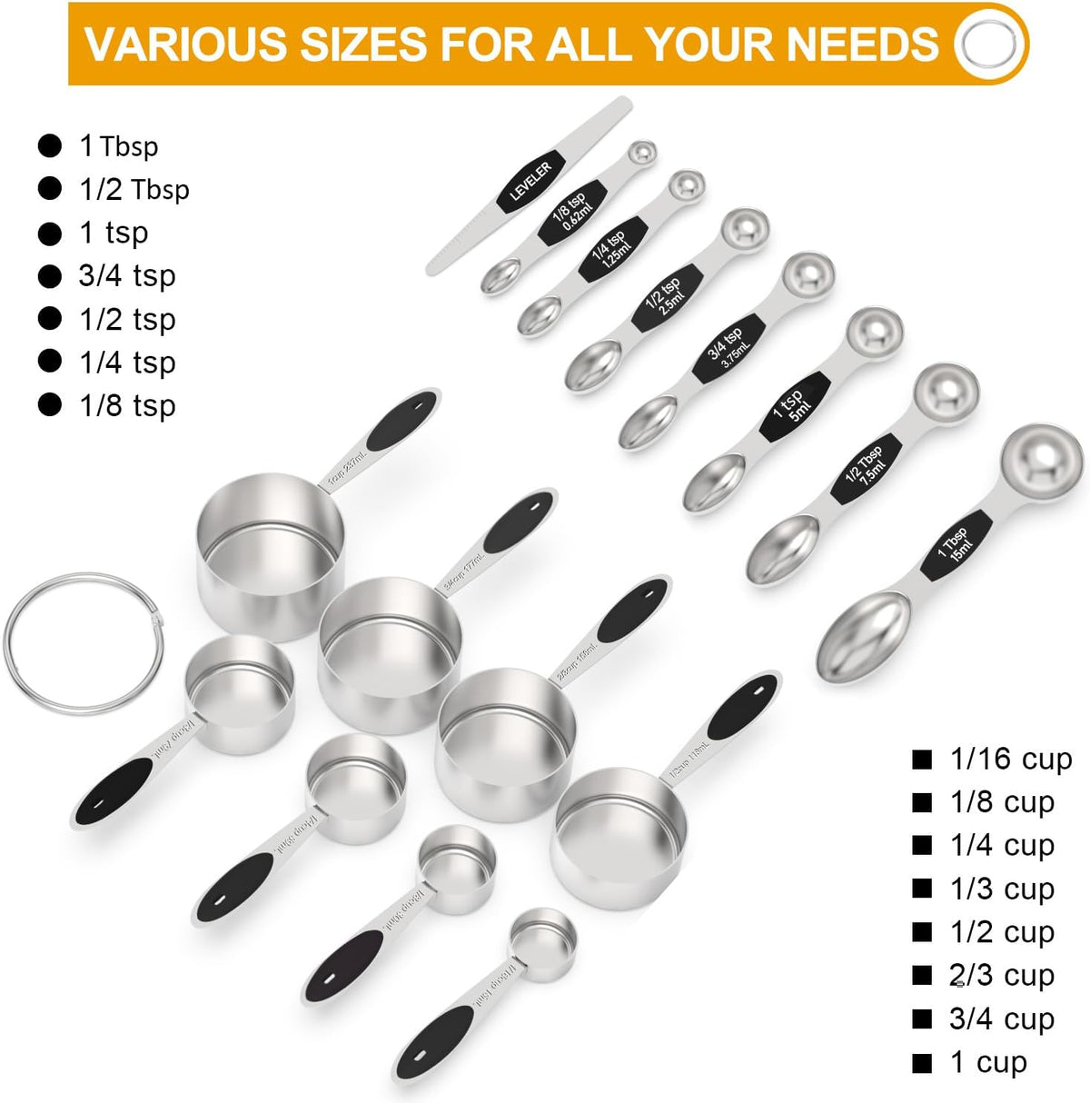 Measuring Cups and Magnetic Measuring Spoons Set,  Stainless Steel 8 Measuring Cups, 7 Double Sided Stackable Magnetic Measuring Spoons, 1 Leveler & 5 Mini Spoons - 21 Piece Black