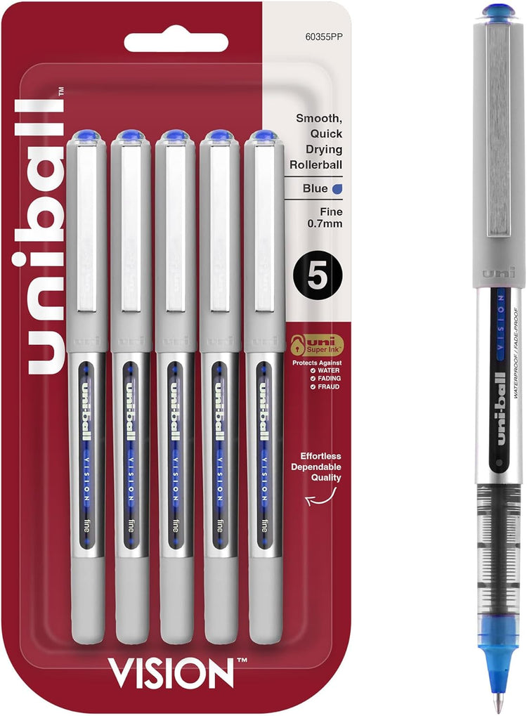 Uniball Vision Rollerball Pens, Fine Point (0.7Mm), Blue, 5 Pack
