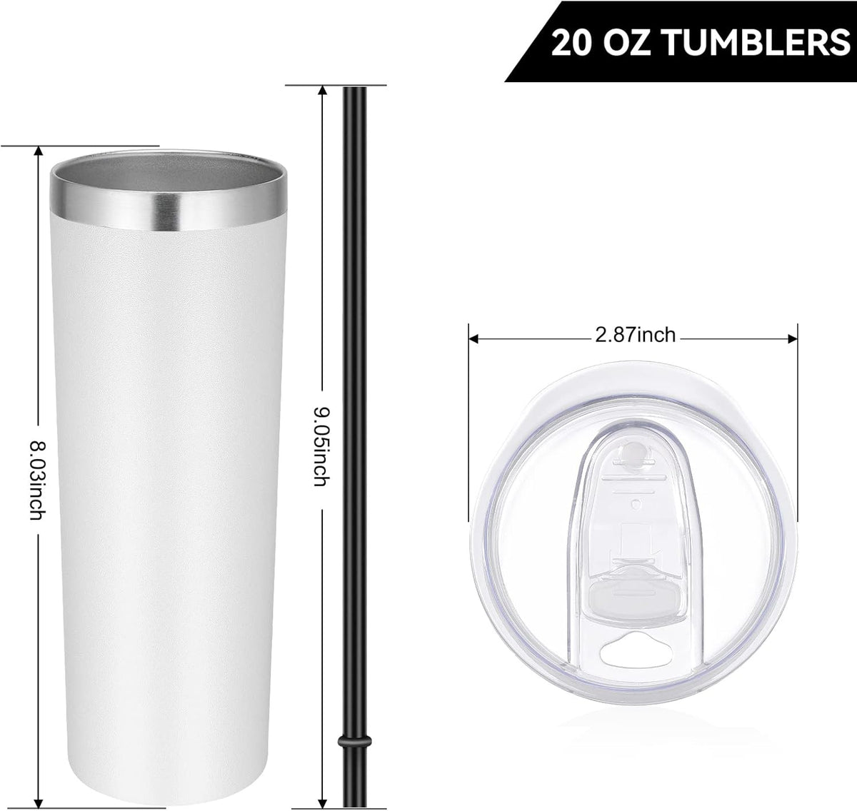 Stainless Steel Tumblers Bulk 12 Pack, 20 Oz Vacuum Insulated Skinny Tumblers with Lids and Straws, Double Wall Coffee Mug, Travel Water Cup, White
