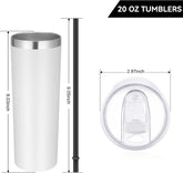 Stainless Steel Tumblers Bulk 12 Pack, 20 Oz Vacuum Insulated Skinny Tumblers with Lids and Straws, Double Wall Coffee Mug, Travel Water Cup, White