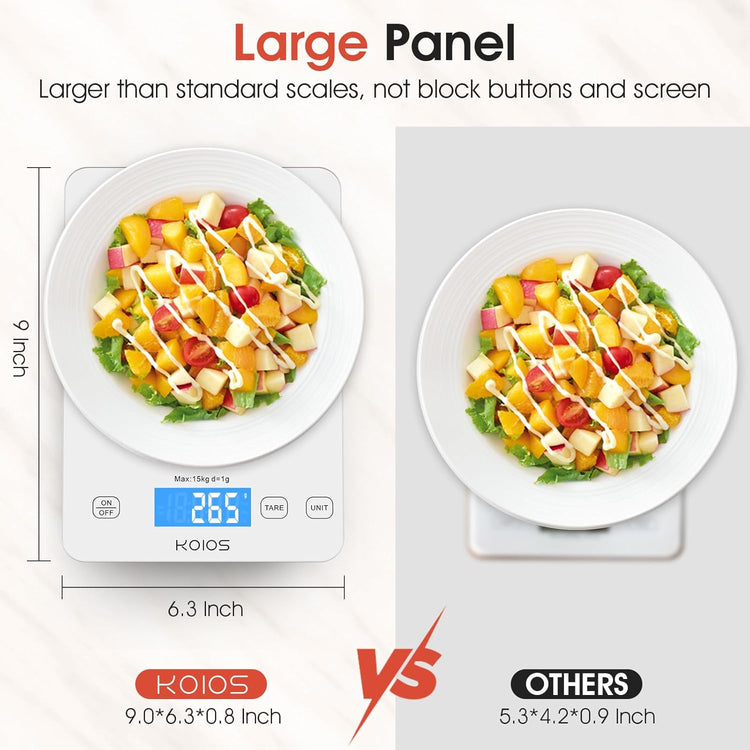 Kitchen Scale, 33Lb/15Kg Digital Food Scales Weight in Grams and Ounces for Cooking Baking, 1G/0.1Oz Precise Graduation, Batteries and Type-C Charging, Tare Function, LCD Display, White
