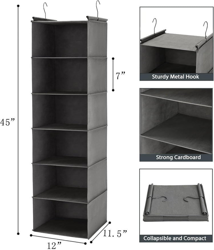 6 Tier Shelf Hanging Closet Organizer, Closet Hanging Shelf with 2 Sturdy Hooks for Storage, Foldable (Grey)