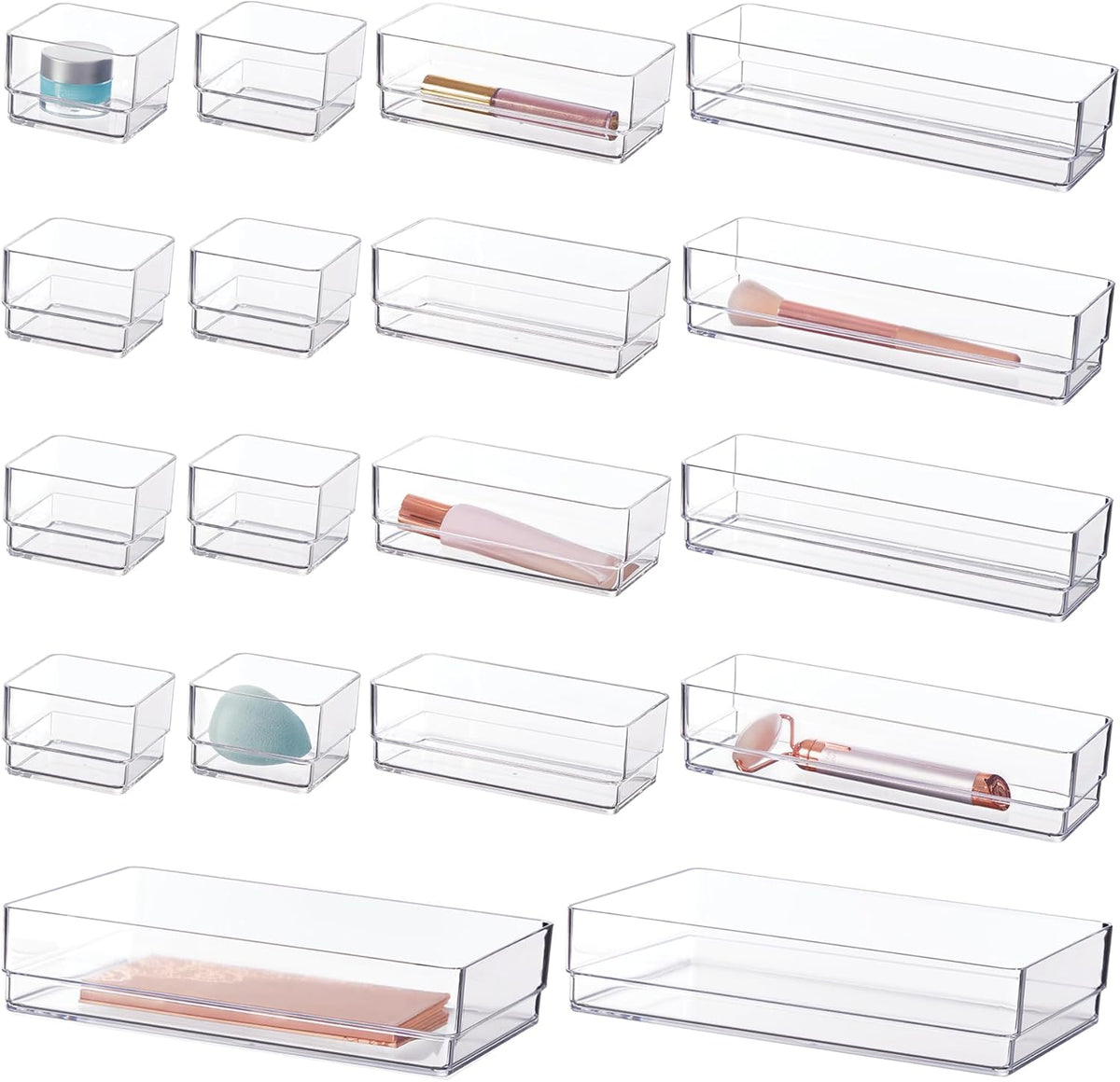 Simplesort 18-Piece Stackable Clear Drawer Organizer Set | Multi-Size Trays | Makeup Vanity Storage Bins and Office Desk Drawer Dividers | Made in USA