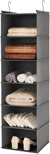 6 Tier Shelf Hanging Closet Organizer, Closet Hanging Shelf with 2 Sturdy Hooks for Storage, Foldable (Grey)