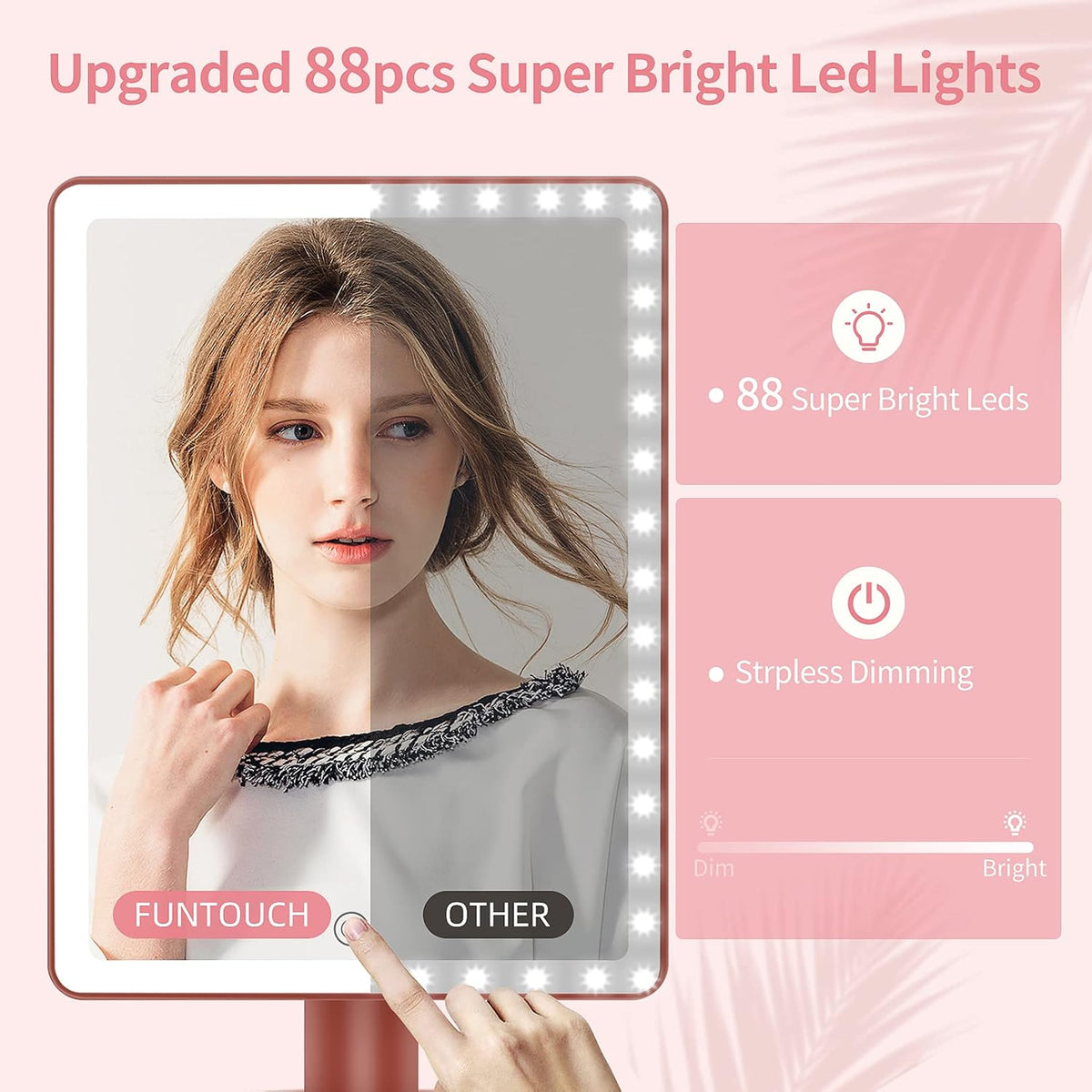 Large Lighted Vanity Makeup Mirror, 14.56 in X 8.97 In, 88 LED, 360 Rotation Touch Screen, 10X Magnification Tabletop Cosmetic Make up Mirror, Rose Gold