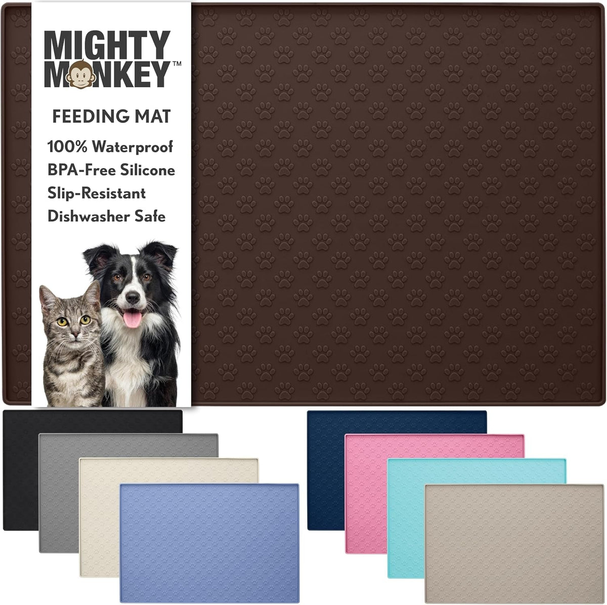 100% Waterproof Dog Food Mat, Raised Edges Silicone Pet Feeding Placemat for Cat, Dogs, Pet Bowls, High Lipped Tray Prevents Water Spills, Food on Floor, Dishwasher Safe, 24X16, Brown