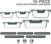 10-Pack Glass Food Storage Container with Lids, Airtight Lunch Bento Boxes, Glass Meal Prep Container,Microwave, Oven, Freezer and Dishwasher Friendly