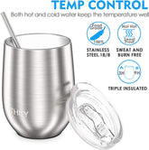 Metal Stemless Insulated Wine Glass T1 Triple-Insulated Stainless Steel Wine Tumbler with Lid and Straw, Reusable, Keep Cold & Hot for Wine, Coffee, Drinks, Champagne, Beverage, Silver