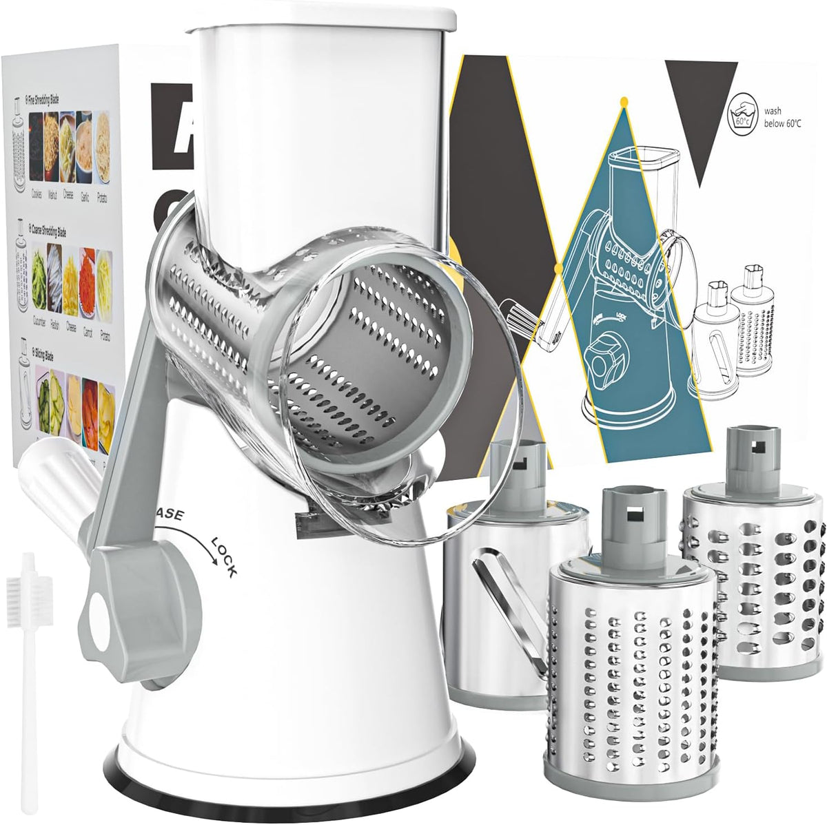 Rotary Cheese Grater Hand Crank Cheese Shredder for Fresh Cheese, Vegetable, Nuts,Non-Slip Suction Base, Free Cleaning Brush Three Blades, White