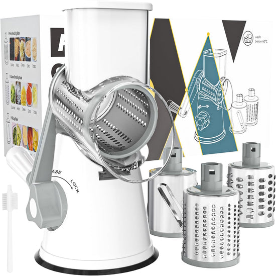 Rotary Cheese Grater Hand Crank Cheese Shredder for Fresh Cheese, Vegetable, Nuts,Non-Slip Suction Base, Free Cleaning Brush Three Blades, White