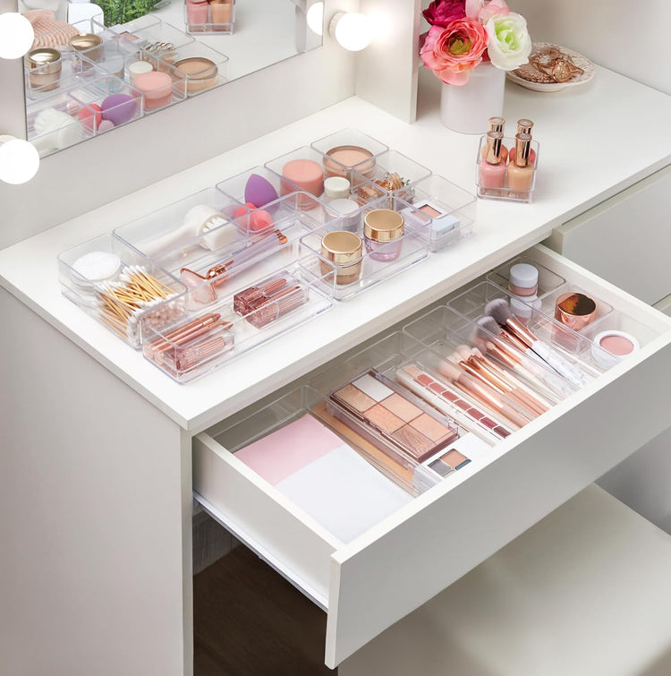 Simplesort 18-Piece Stackable Clear Drawer Organizer Set | Multi-Size Trays | Makeup Vanity Storage Bins and Office Desk Drawer Dividers | Made in USA