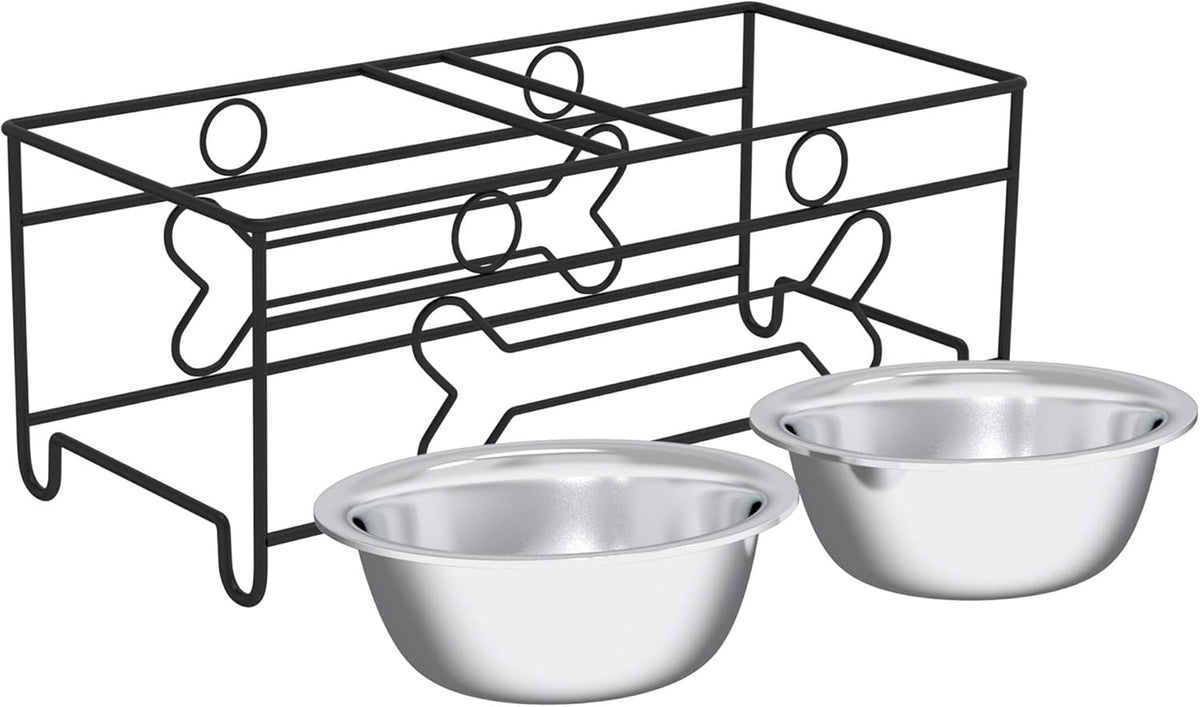 Elevated Dog and Cat Bowls - Decorative 6.5-Inch-Tall Raised Stand with 2 Stainless-Steel Food and Water Bowls - Hold 40Oz Each by  (Black)