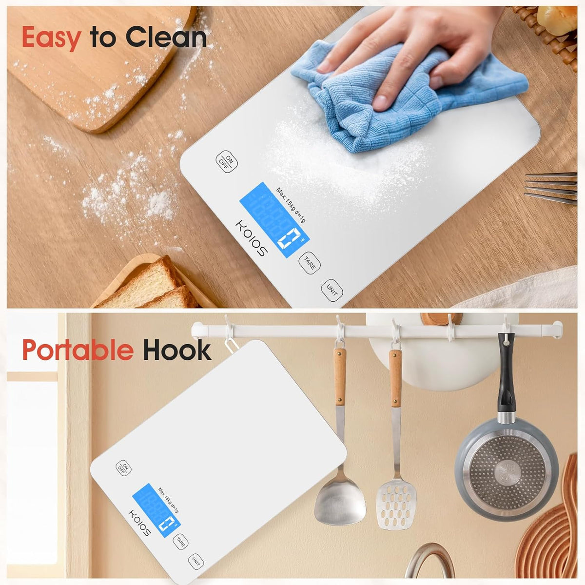 Kitchen Scale, 33Lb/15Kg Digital Food Scales Weight in Grams and Ounces for Cooking Baking, 1G/0.1Oz Precise Graduation, Batteries and Type-C Charging, Tare Function, LCD Display, White