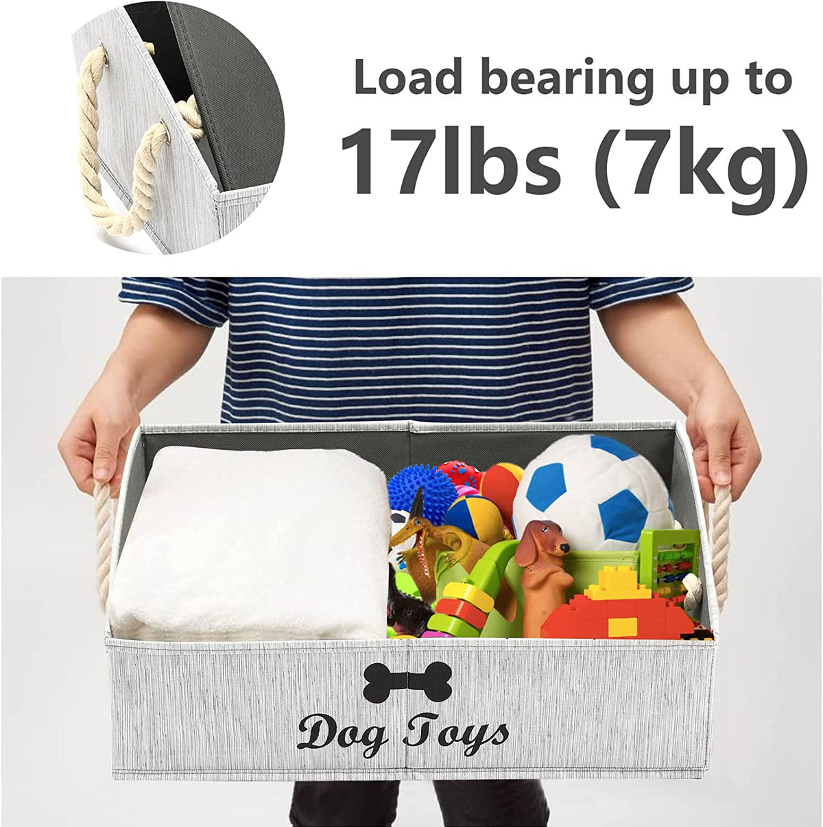 Large Dog Toys Storage Bins-Foldable Fabric Trapezoid Organizer Boxes with Weave Rope Handle,Collapsible Basket for Shelves,Dog Apparel(Gray-Dog)