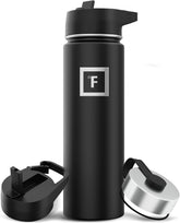 Camping & Hiking Hydration Flask with 3 Lids - Stainless Steel, Double Walled & Vacuum Insulated Water Bottle - Leak Proof & BPA Free (Midnight Black, Straw - 22 Oz)
