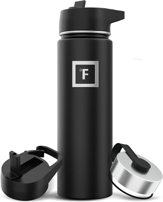 Camping & Hiking Hydration Flask with 3 Lids - Stainless Steel, Double Walled & Vacuum Insulated Water Bottle - Leak Proof & BPA Free (Midnight Black, Straw - 22 Oz)