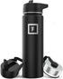 Camping & Hiking Hydration Flask with 3 Lids - Stainless Steel, Double Walled & Vacuum Insulated Water Bottle - Leak Proof & BPA Free (Midnight Black, Straw - 22 Oz)